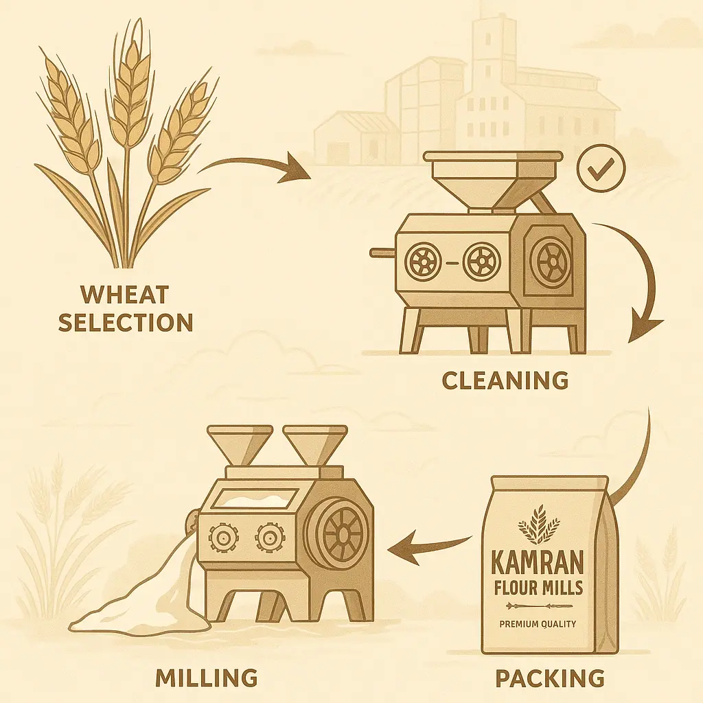 Kamran Flour Mills process, flour manufacturing Pakistan, wheat milling steps, Chakki Atta production, modern roller mill, ISO flour plant
