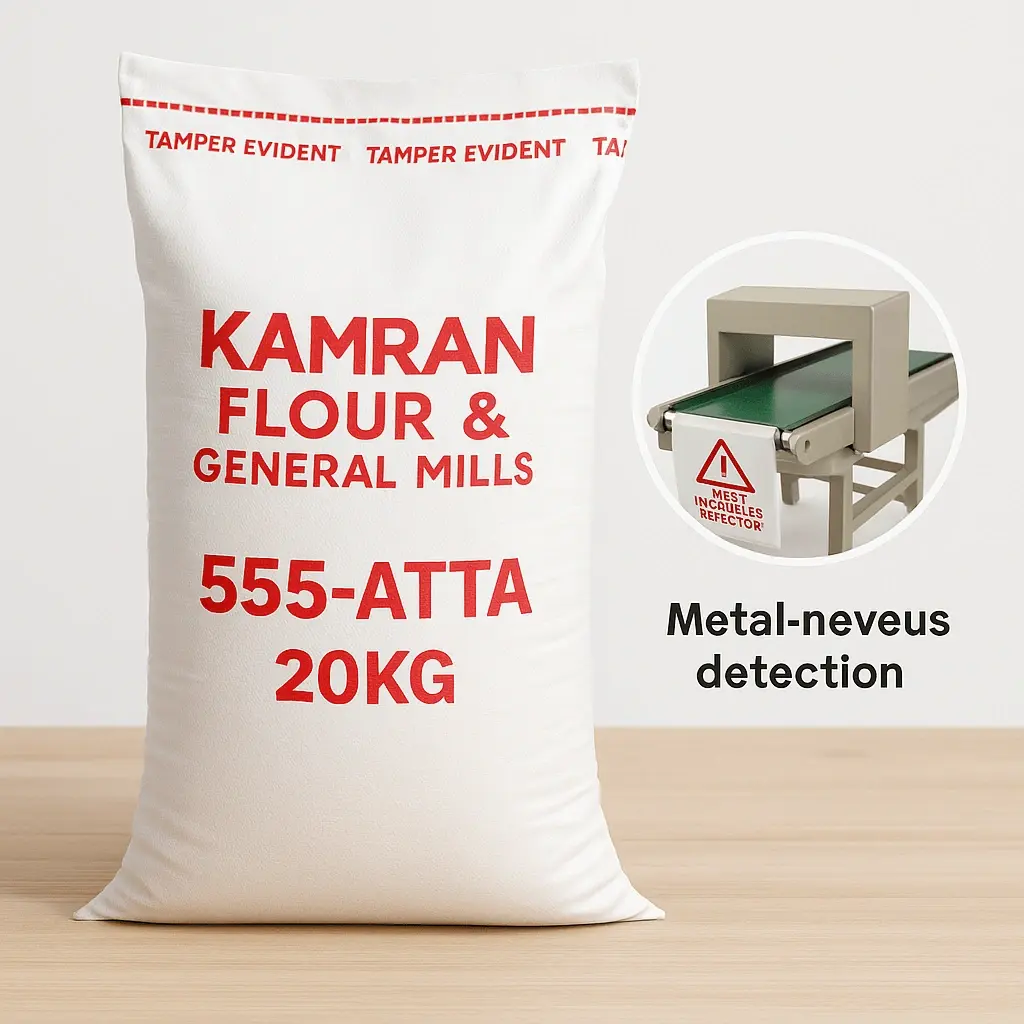 Tamper-Evident Protection & Foreign-Matter Detection Kamran quality control, ISO 22000 flour mill, HACCP Pakistan flour, wheat testing lab, traceable flour production